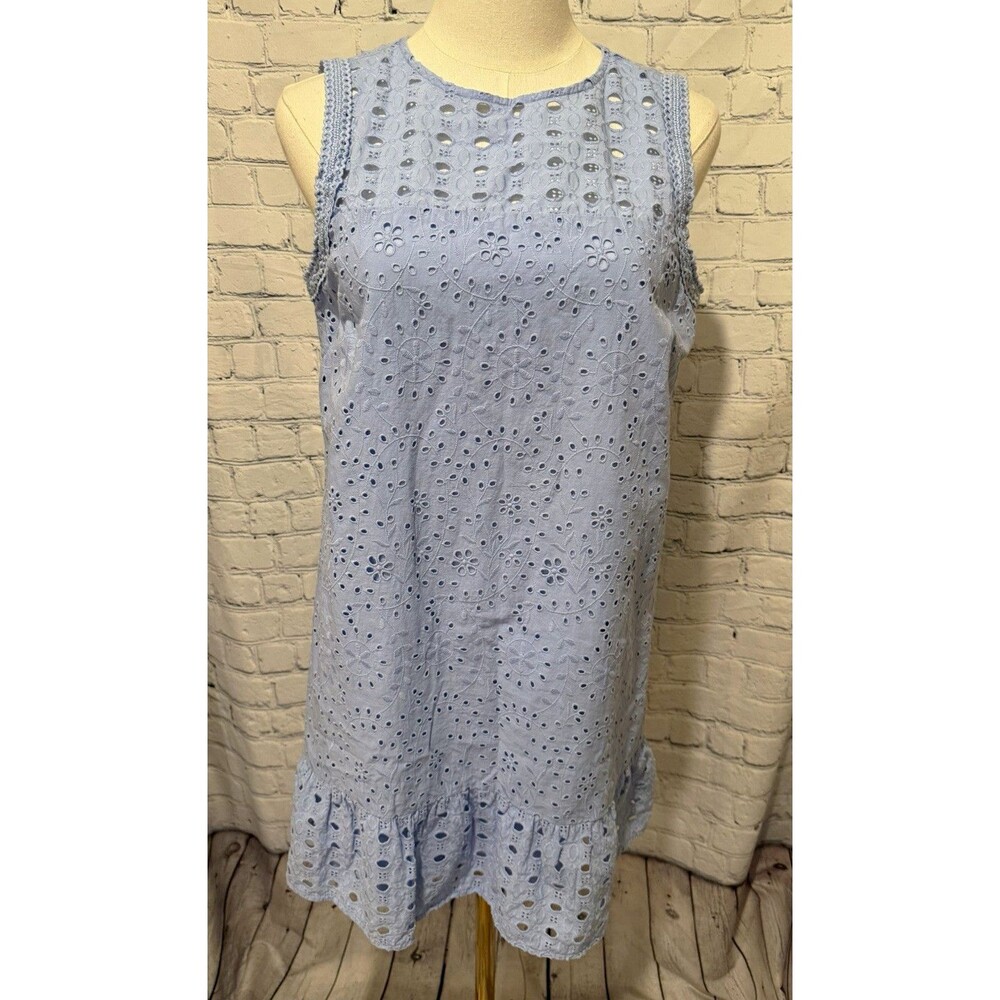 LOFT Petites Blue Floral Eyelet Shift Dress Sleeveless Lined Zip 8P